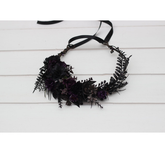 Gothic Purple & Black Flower Crown – Faux Hair Wreath for Halloween Weddings