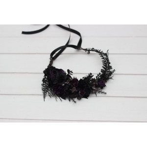 Gothic purple black flower crown. Halloween wedding. Hair floral wreath. 5070