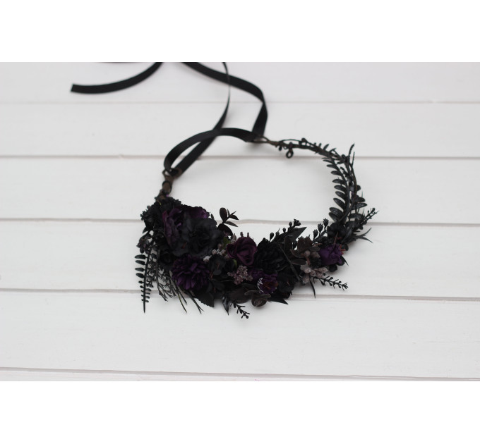 Gothic Purple & Black Flower Crown – Faux Hair Wreath for Halloween Weddings