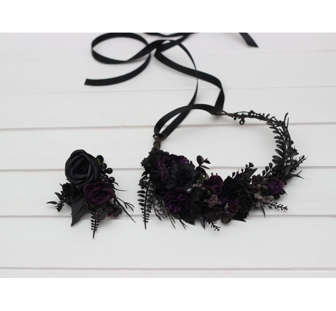 Gothic Purple & Black Flower Crown – Faux Hair Wreath for Halloween Weddings