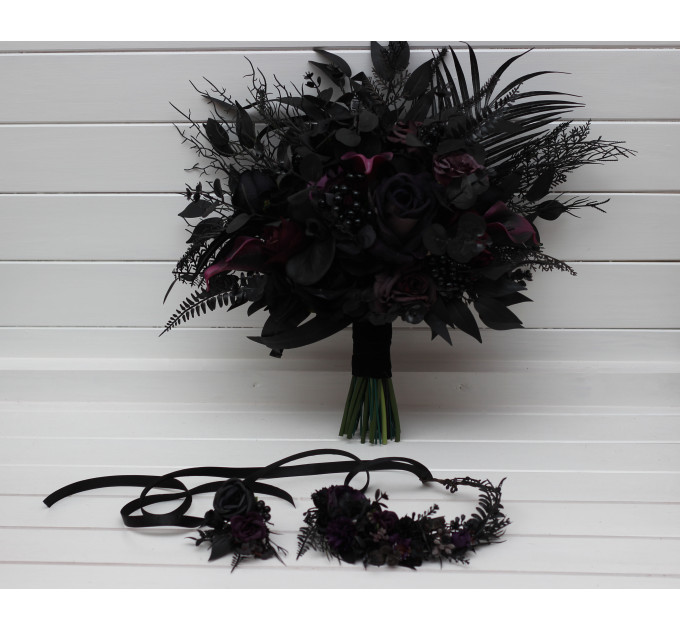 Gothic Wedding Bouquet in Black & Purple – Dark Faux Flowers for Halloween Brides