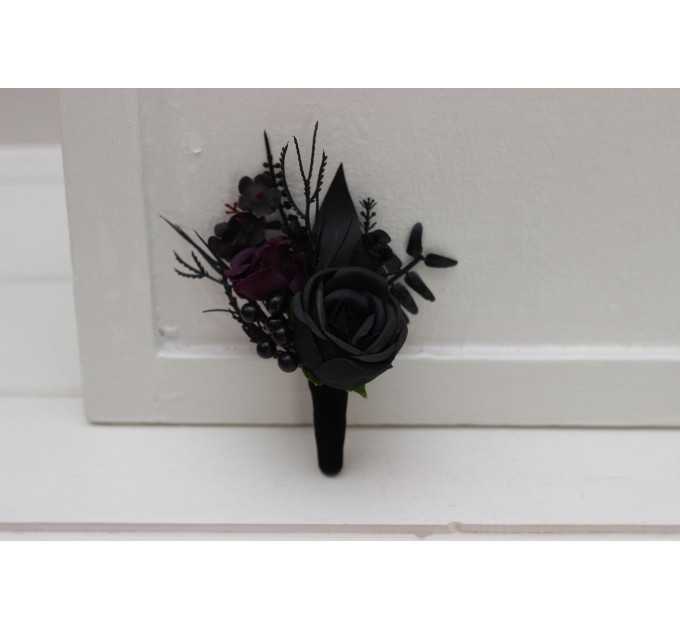 Wedding Boutonnieres & Wrist Corsage in Black & Purple | Faux Flower Accessories