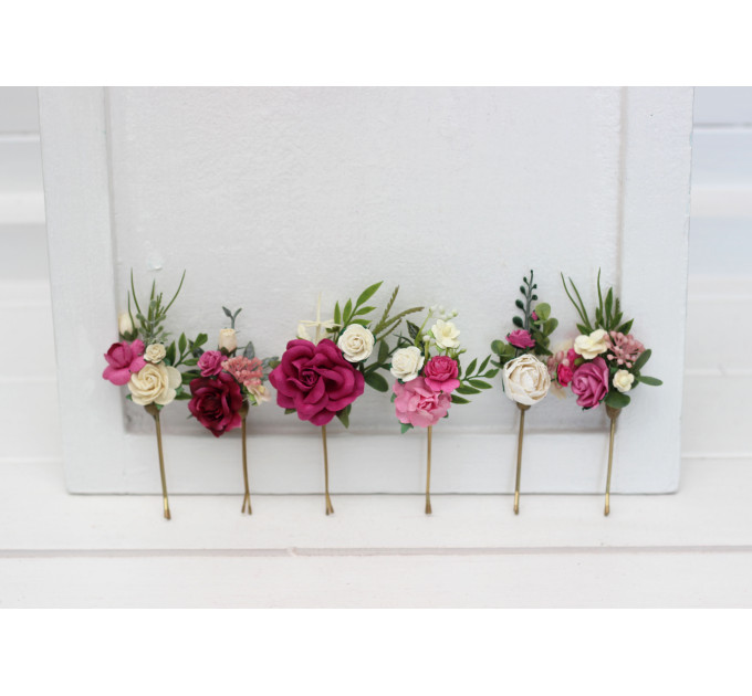 Berry, Magenta & Ivory Flower Hair Pins – Set of 6 Bobby Pins for Bridesmaids or Wedding Guests