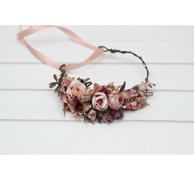 Beige, Mocha & Burgundy Flower Crown – Rustic Faux Floral Wreath for Flower Girl or Bride