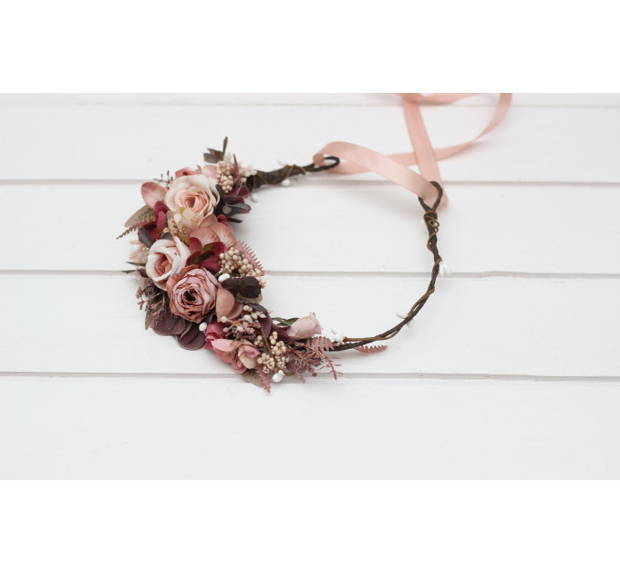 Beige, Mocha & Burgundy Flower Crown – Rustic Faux Floral Wreath for Flower Girl or Bride