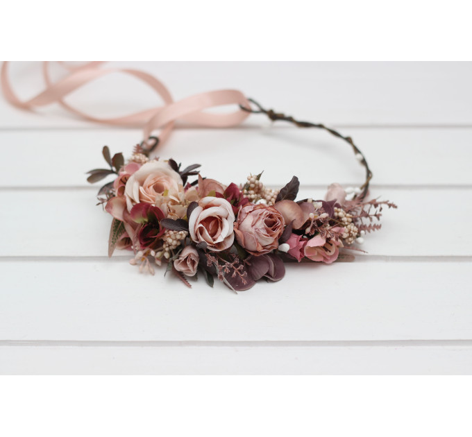 Beige, Mocha & Burgundy Flower Crown – Rustic Faux Floral Wreath for Flower Girl or Bride