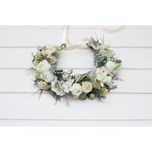 Flower crown in sage green ivory colors. Hair wreath for flower girl. Wedding flowers. Romantic floral crown. 5075