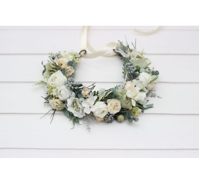 Sage Green & Ivory Flower Crown – Romantic Faux Floral Wreath for Flower Girl or Bride