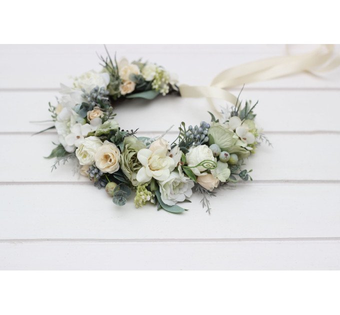 Sage Green & Ivory Flower Crown – Romantic Faux Floral Wreath for Flower Girl or Bride