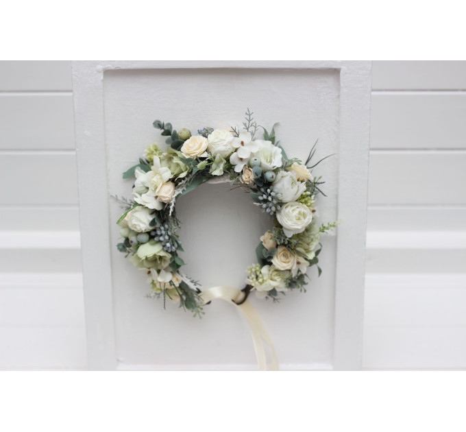 Sage Green & Ivory Flower Crown – Romantic Faux Floral Wreath for Flower Girl or Bride