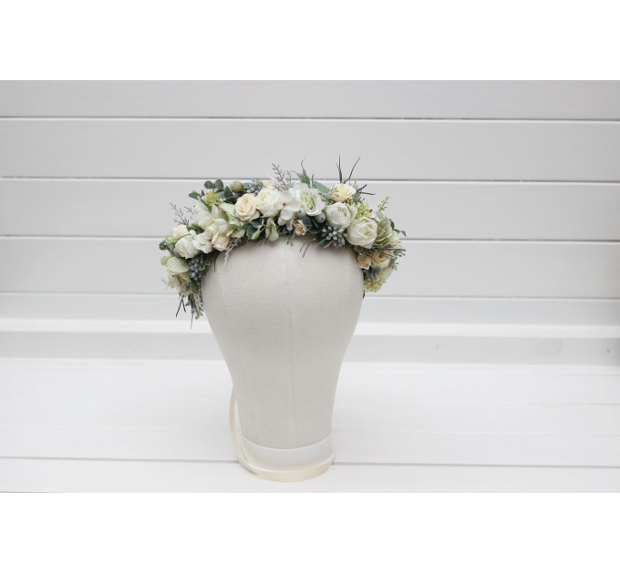 Sage Green & Ivory Flower Crown – Romantic Faux Floral Wreath for Flower Girl or Bride