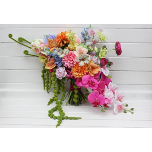 Bright summer bouquet with orchids and amaranth. Bridal colorful wedding bouquet. Faux  wedding blooms. 5413