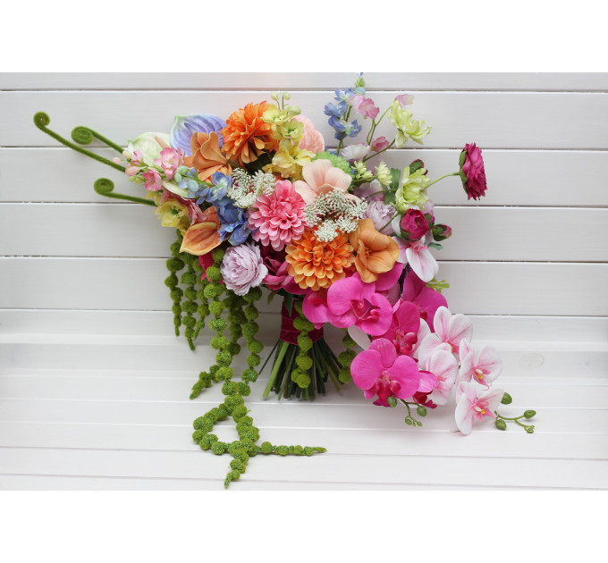 Bright Summer Bridal Bouquet – Faux Orchids & Amaranth Wedding Flowers