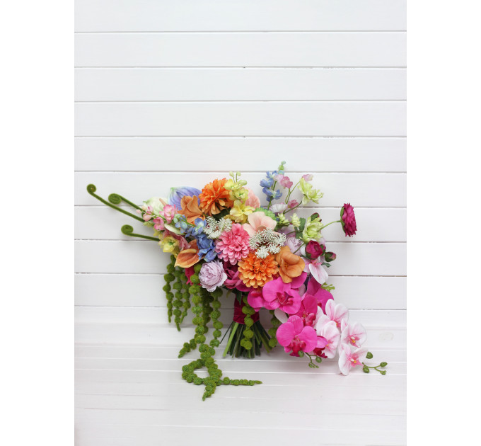 Bright Summer Bridal Bouquet – Faux Orchids & Amaranth Wedding Flowers