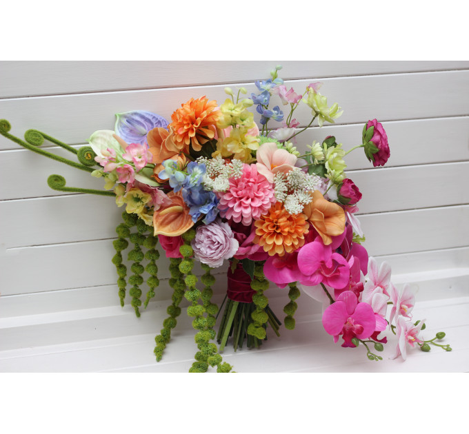 Bright Summer Bridal Bouquet – Faux Orchids & Amaranth Wedding Flowers