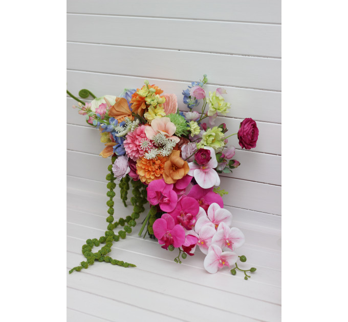 Bright Summer Bridal Bouquet – Faux Orchids & Amaranth Wedding Flowers