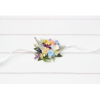 Pastel wildflower wrist corsage – Blue Peach Lilac Yellow Pink wedding worsage. 5420