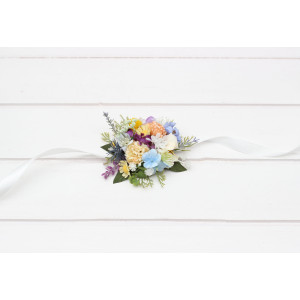 Pastel wildflower wrist corsage – Blue Peach Lilac Yellow Pink wedding worsage. 5420