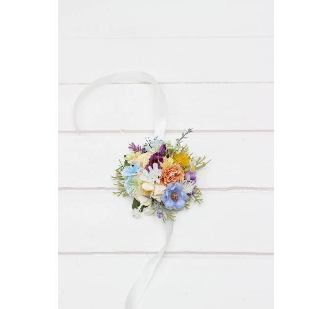 Pastel Wildflower Wrist Corsage – Faux Floral Accessory in Blue, Peach, Lilac, Yellow & Pink