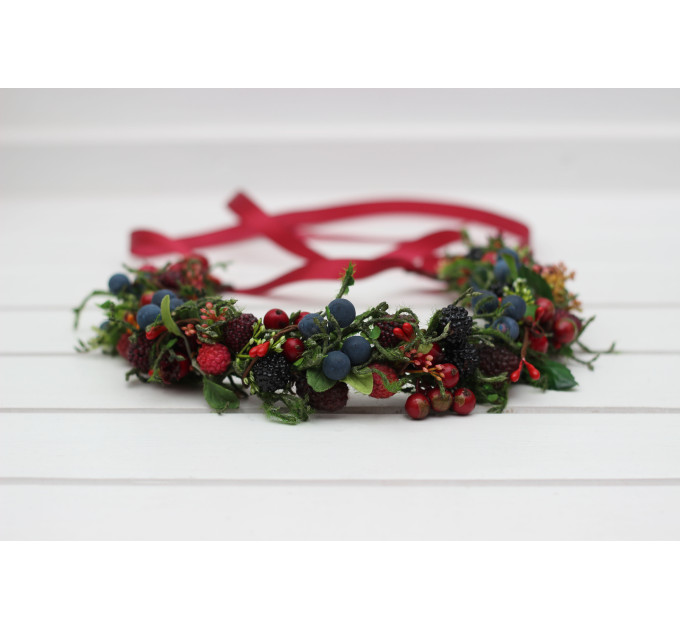 Berry Wedding Crown – Faux Wild Berry Headpiece with Red Ribbon for Rustic Brides