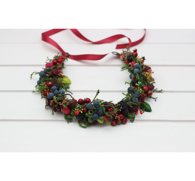 Berry Wedding Crown – Faux Wild Berry Headpiece with Red Ribbon for Rustic Brides