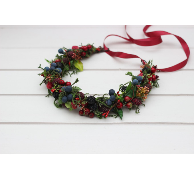 Berry Wedding Crown – Faux Wild Berry Headpiece with Red Ribbon for Rustic Brides