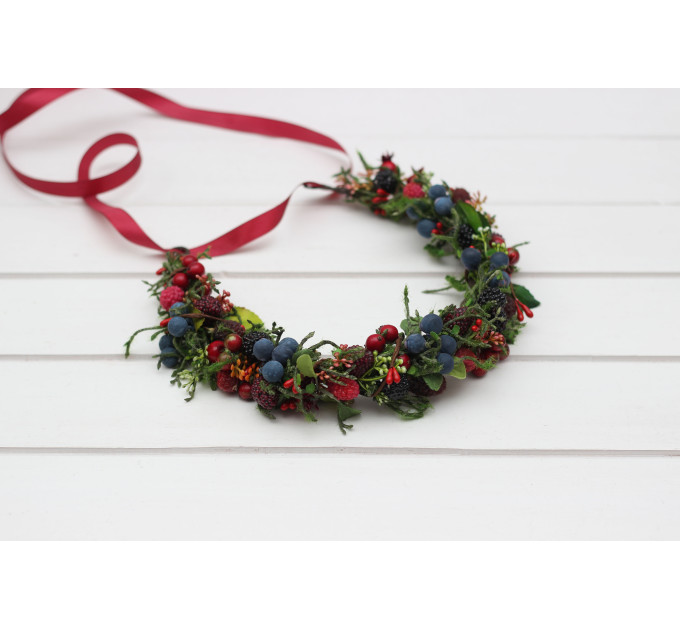 Berry Wedding Crown – Faux Wild Berry Headpiece with Red Ribbon for Rustic Brides