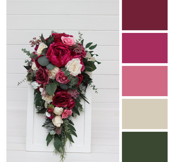 Cascading Bouquet in Berry Tones, Magenta & Ivory – Faux Wedding Flowers for Bride or Bridesmaids