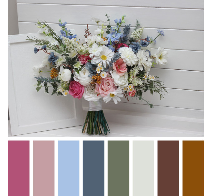 Wildflower Bridal & Bridesmaid Bouquets – Faux Blooms in White, Dusty Blue & Pink