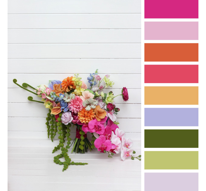 Bright Summer Bridal Bouquet – Faux Orchids & Amaranth Wedding Flowers