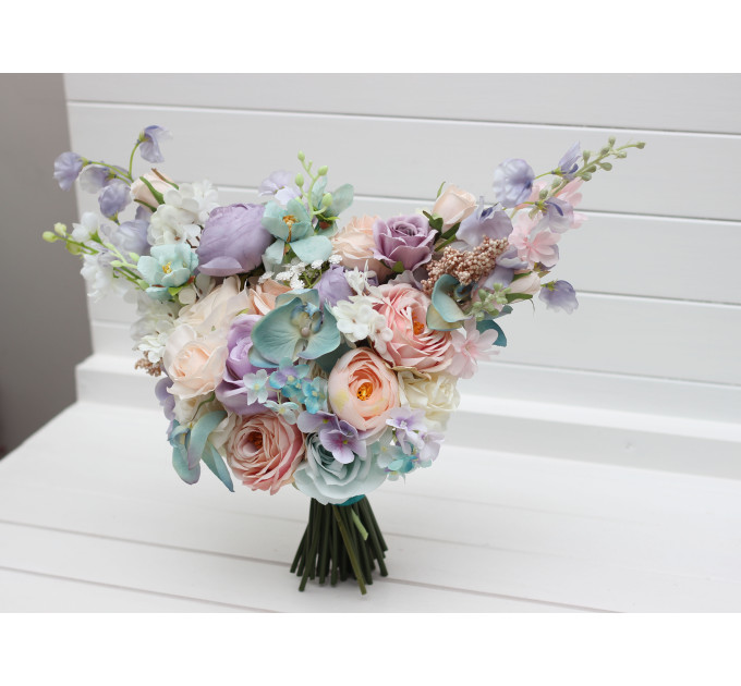 Pastel Bridal Bouquet – Faux Wedding Flowers in Turquoise, Lilac, Blush Pink & White