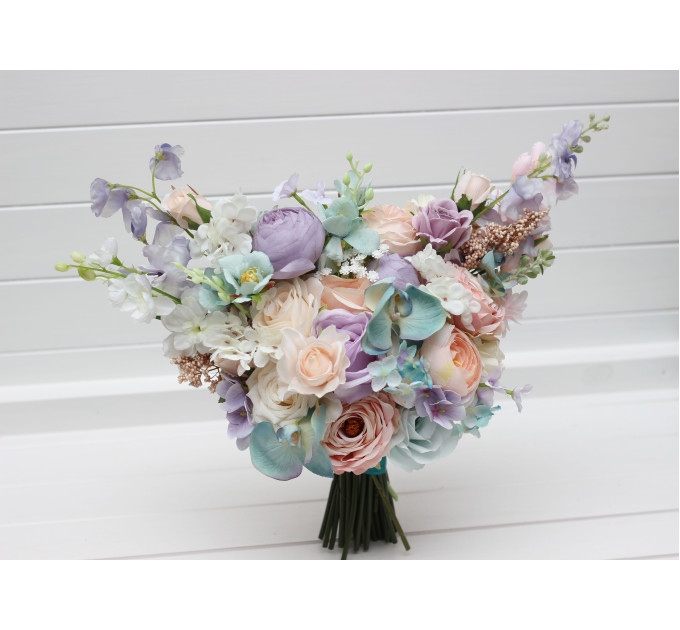 Pastel Bridal Bouquet – Faux Wedding Flowers in Turquoise, Lilac, Blush Pink & White