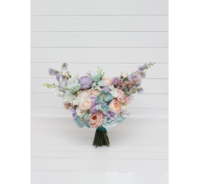 Pastel Bridal Bouquet – Faux Wedding Flowers in Turquoise, Lilac, Blush Pink & White