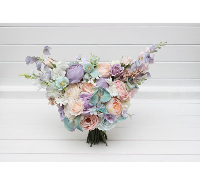 Pastel Bridal Bouquet – Faux Wedding Flowers in Turquoise, Lilac, Blush Pink & White