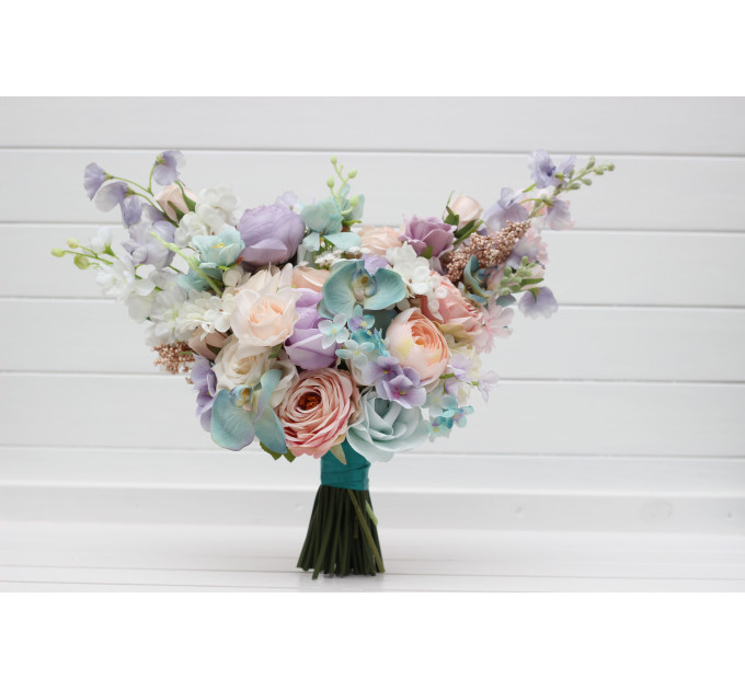 Pastel Bridal Bouquet – Faux Wedding Flowers in Turquoise, Lilac, Blush Pink & White