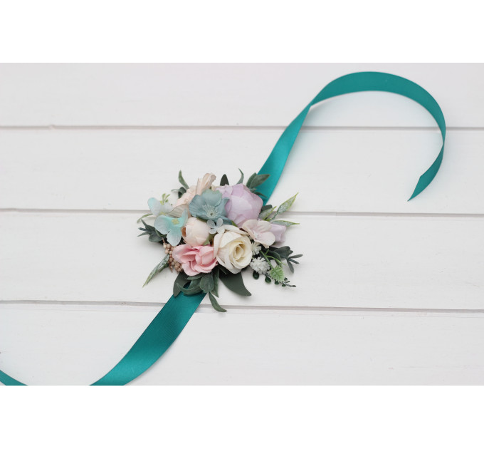 Pastel Pocket Boutonniere & Wrist Corsage – Faux Wedding Flowers in Turquoise, Lilac, Blush & White