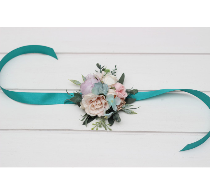 Pastel Pocket Boutonniere & Wrist Corsage – Faux Wedding Flowers in Turquoise, Lilac, Blush & White