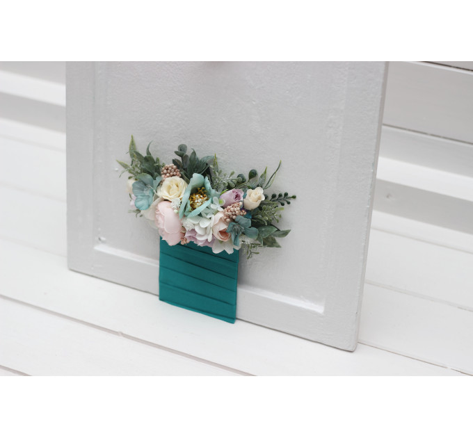 Pastel Pocket Boutonniere & Wrist Corsage – Faux Wedding Flowers in Turquoise, Lilac, Blush & White
