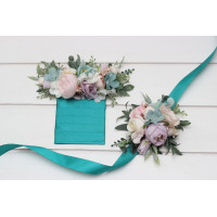 Pastel pocket boutonniere and wrist corsage in turquoise, lilac, blush pink and white  color scheme. 5417
