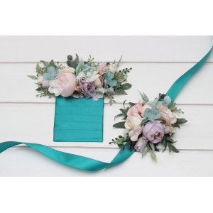 Pastel pocket boutonniere and wrist corsage in turquoise, lilac, blush pink and white  color scheme. 5417