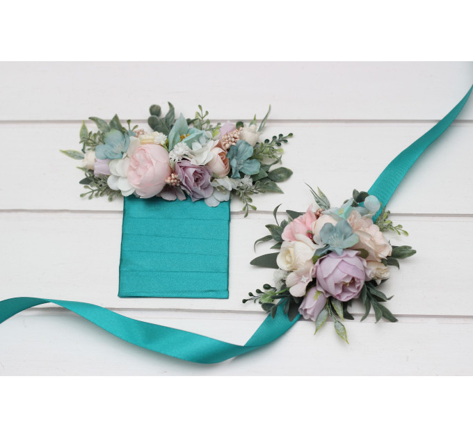 Pastel Pocket Boutonniere & Wrist Corsage – Faux Wedding Flowers in Turquoise, Lilac, Blush & White