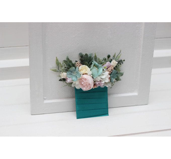 Pastel Pocket Boutonniere & Wrist Corsage – Faux Wedding Flowers in Turquoise, Lilac, Blush & White