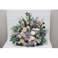 Standing flowers in pastel color scheme. Turquoise, lilac, blush pink and white aisle flowers. Wedding decorations. Floor flowers. 5417