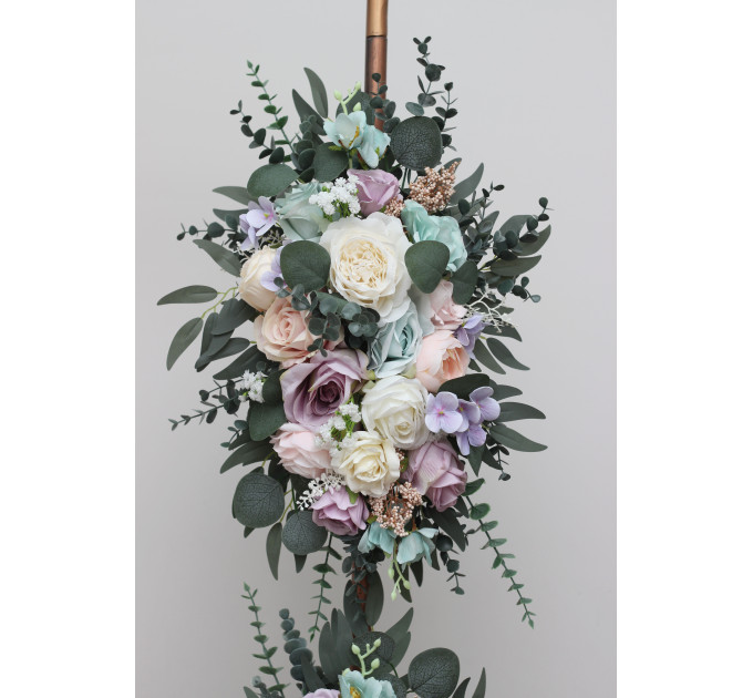 Pastel Floral Arch Arrangement – Faux Arbor Flowers in Turquoise, Lilac, Blush Pink & White