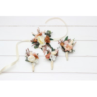 Rust, terracotta, caramel, cream, ivory and eucalyptus green wedding accessory set. Faux boutonnières and wrist corsage for groom, groomsmen, and mothers.  5418