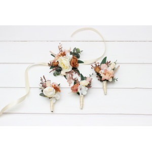 Rust, terracotta, caramel, cream, ivory and eucalyptus green wedding accessory set. Faux boutonnières and wrist corsage for groom, groomsmen, and mothers.  5418