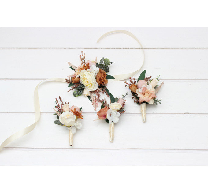 Rust, Terracotta & Ivory Wedding Accessory Set – Faux Boutonnières & Wrist Corsages