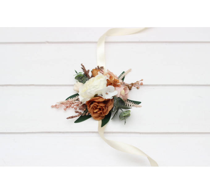 Rust, Terracotta & Ivory Wedding Accessory Set – Faux Boutonnières & Wrist Corsages
