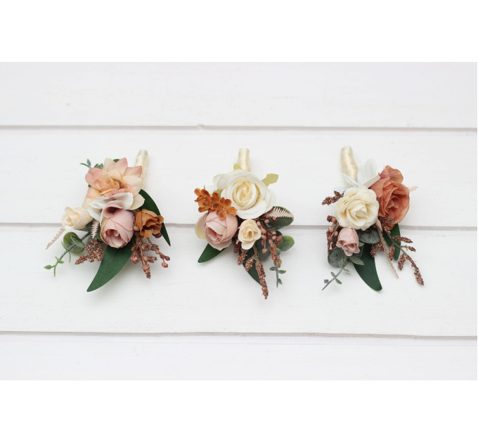 Rust, Terracotta & Ivory Wedding Accessory Set – Faux Boutonnières & Wrist Corsages