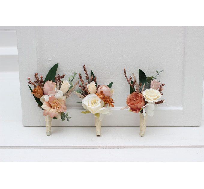 Rust, Terracotta & Ivory Wedding Accessory Set – Faux Boutonnières & Wrist Corsages
